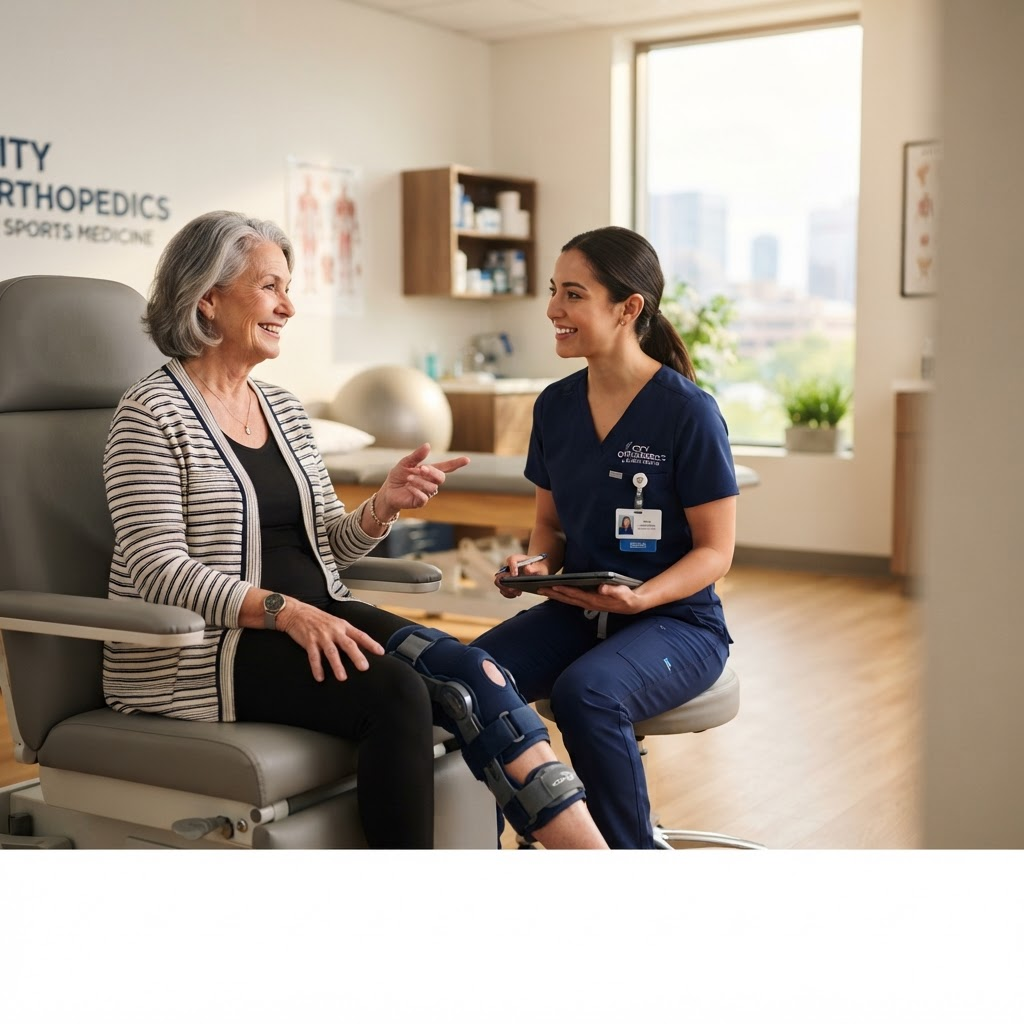 Patient wearing an orthopedic brace speaking with a healthcare professional